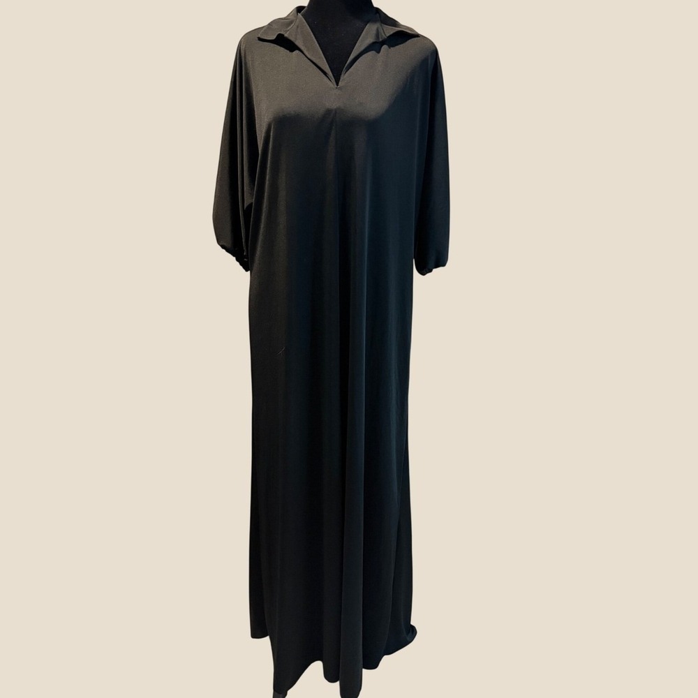 Black Maxi Dress Notched Collar Dolman Sleeve Costume Layering Minimalist Floor